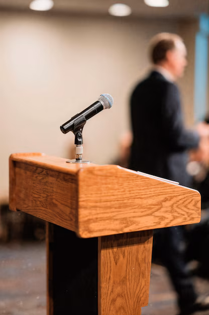 Wooden podium with microphone
